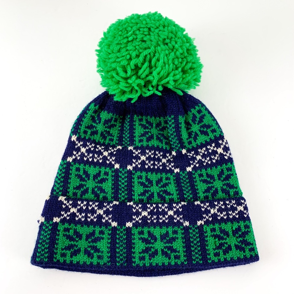 Vintage wool ski cap by IKS Aspen heavy knit pom pom beanie blue & green